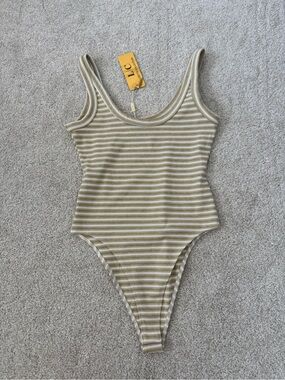 LJC Striped Olive & White Ribbed Tank Bodysuit